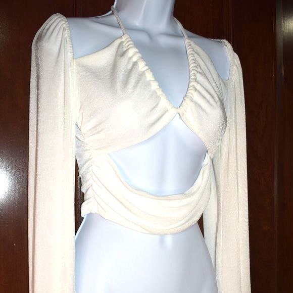 Gab & Kate White Off Shoulder Blouse Medium Tie Front Sexy V Neck Top - Picture 10 of 12